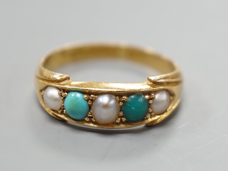 A late Victorian 18ct gold, graduated split pearl and turquoise set five stone half hoop ring, size P/Q, gross weight 4.2 grams.